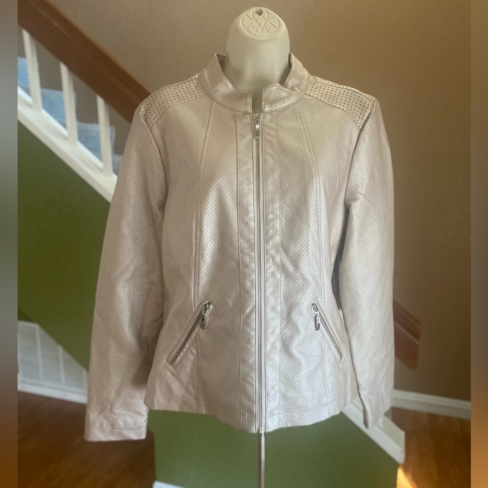 C) Christopher & Banks Women Tan Rose Faux Leather Zipper Front Jacket Coat Sz S